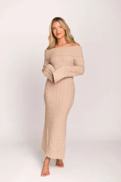 Best Worth Collective Carley Off-the-Shoulder Cable Knit Maxi Dress in Oatmeal