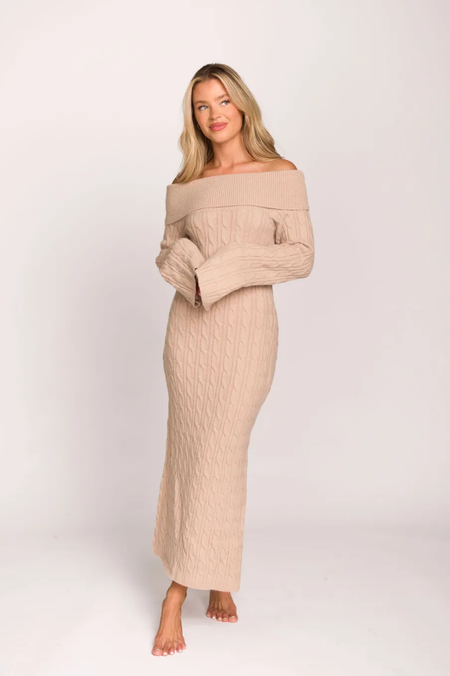 Best Worth Collective Carley Off-the-Shoulder Cable Knit Maxi Dress in Oatmeal