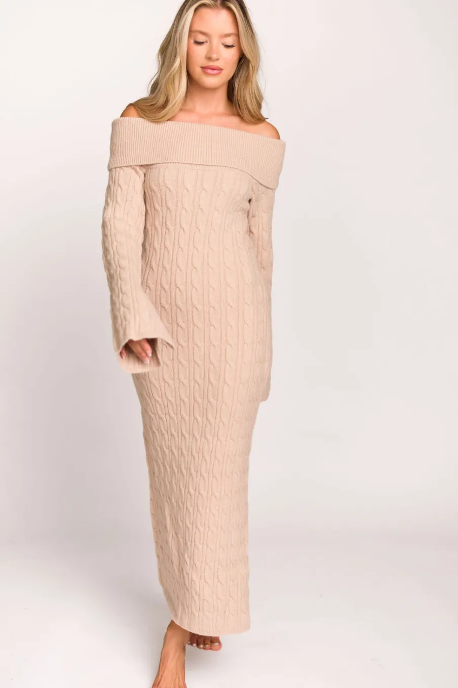 Best Worth Collective Carley Off-the-Shoulder Cable Knit Maxi Dress in Oatmeal