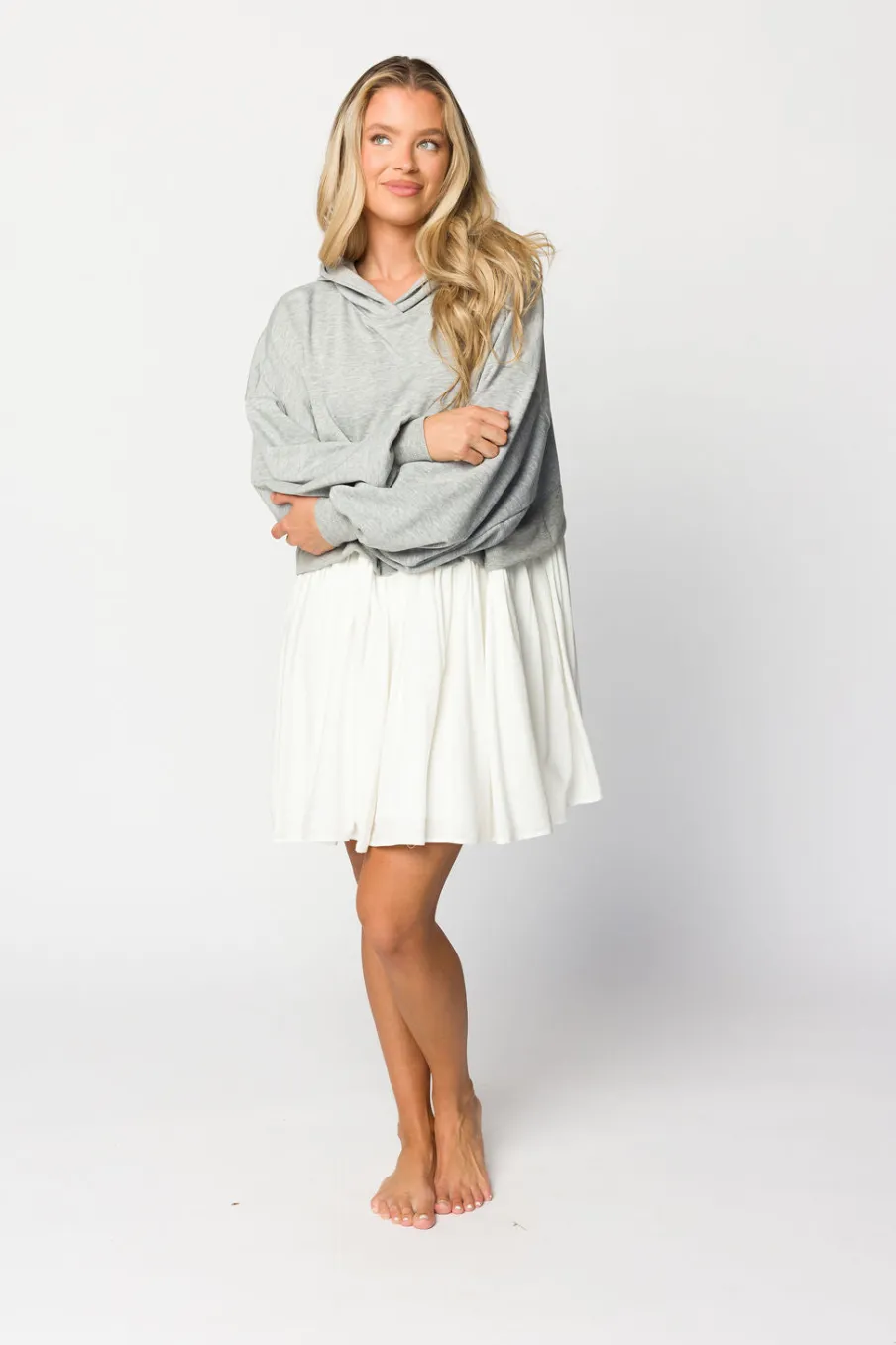 Online Worth Collective Caroline Hoodie/Babydoll Mini Dress in Heather Grey/Off-White