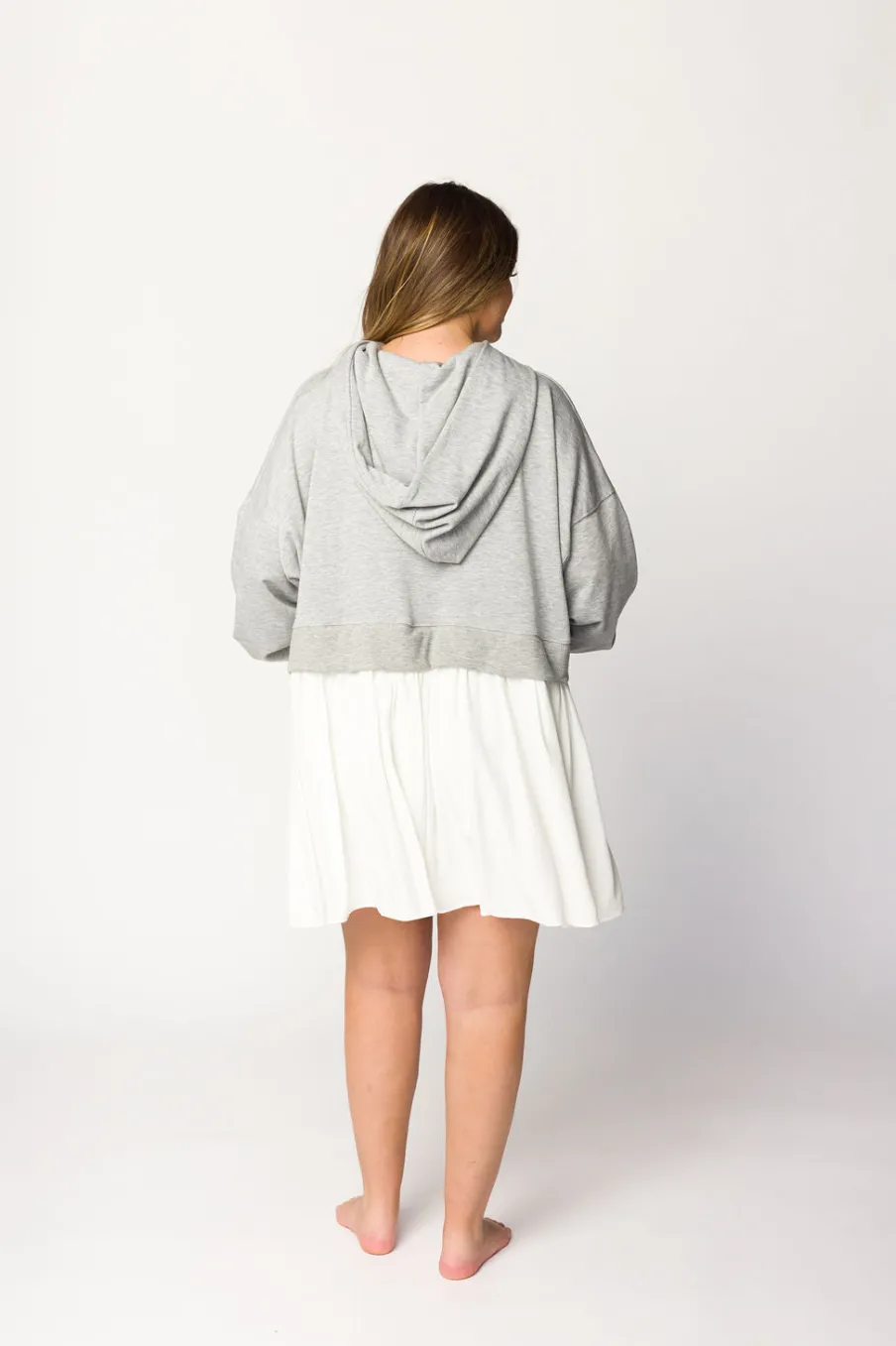 Online Worth Collective Caroline Hoodie/Babydoll Mini Dress in Heather Grey/Off-White