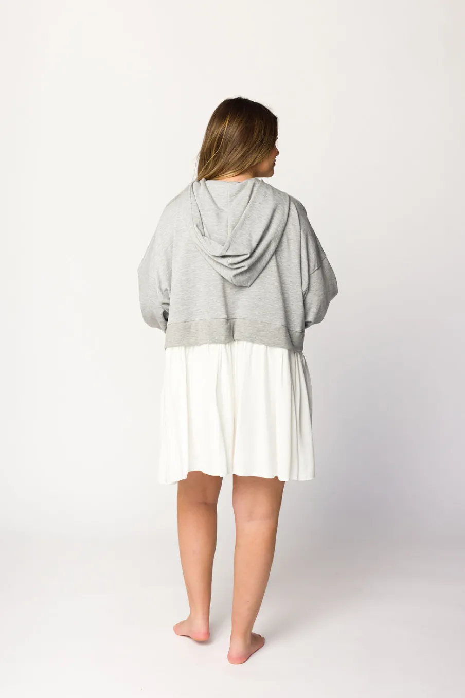 Online Worth Collective Caroline Hoodie/Babydoll Mini Dress in Heather Grey/Off-White