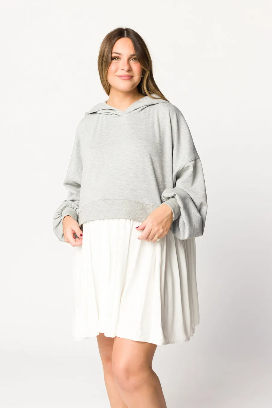 Online Worth Collective Caroline Hoodie/Babydoll Mini Dress in Heather Grey/Off-White