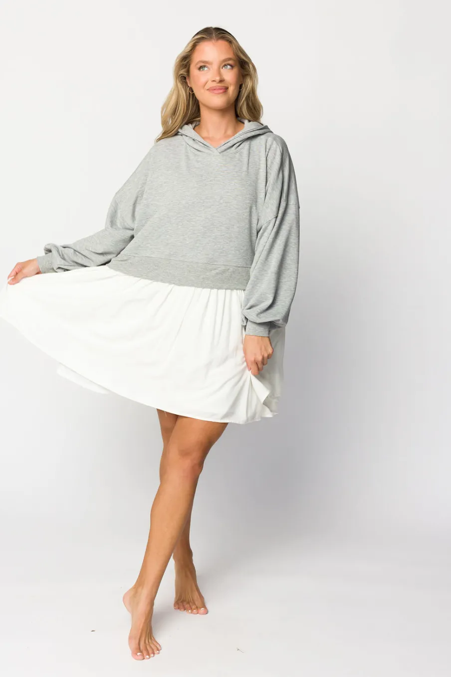 Online Worth Collective Caroline Hoodie/Babydoll Mini Dress in Heather Grey/Off-White