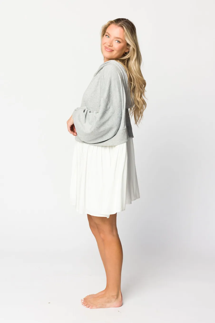 Online Worth Collective Caroline Hoodie/Babydoll Mini Dress in Heather Grey/Off-White