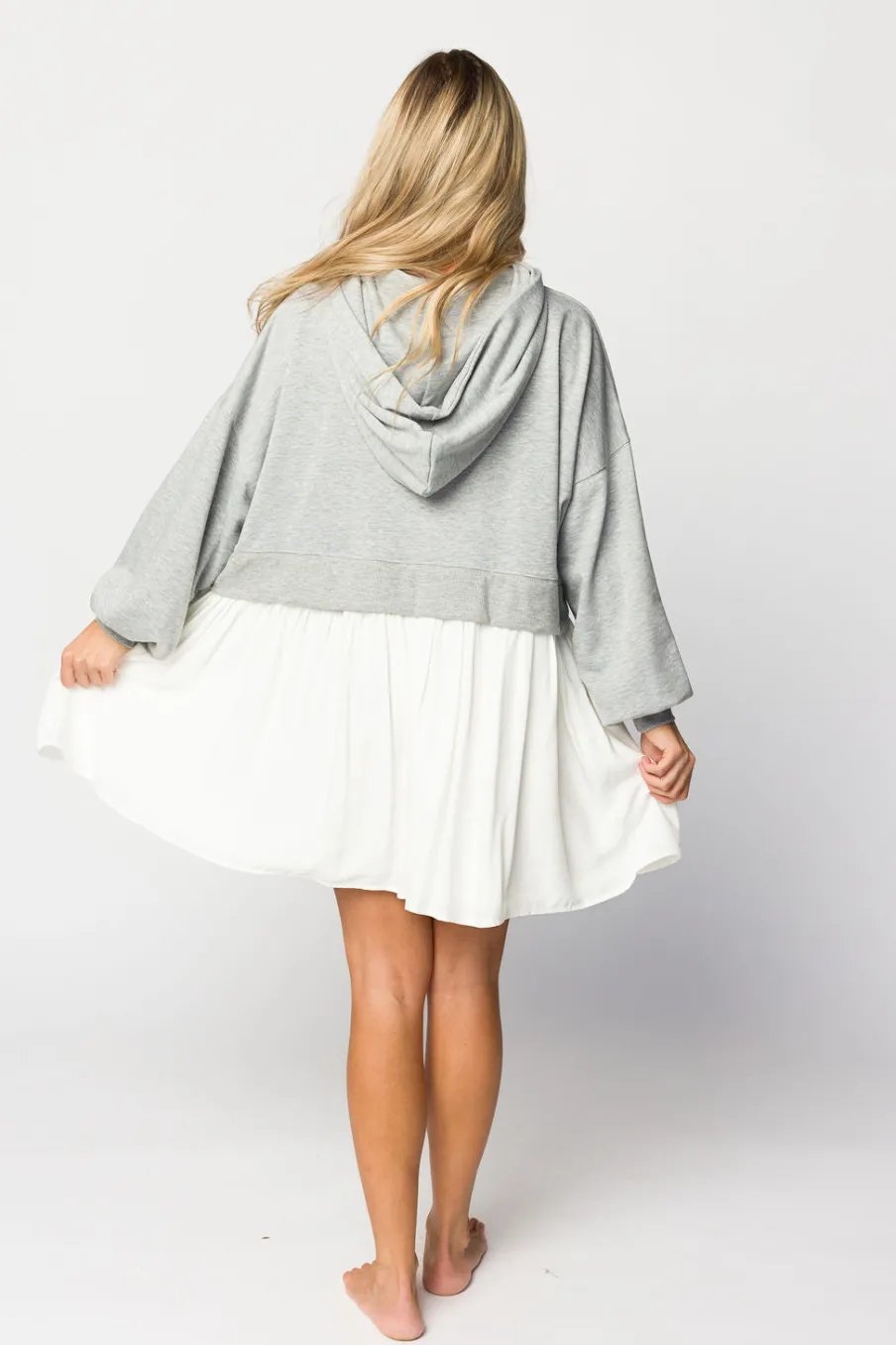 Online Worth Collective Caroline Hoodie/Babydoll Mini Dress in Heather Grey/Off-White