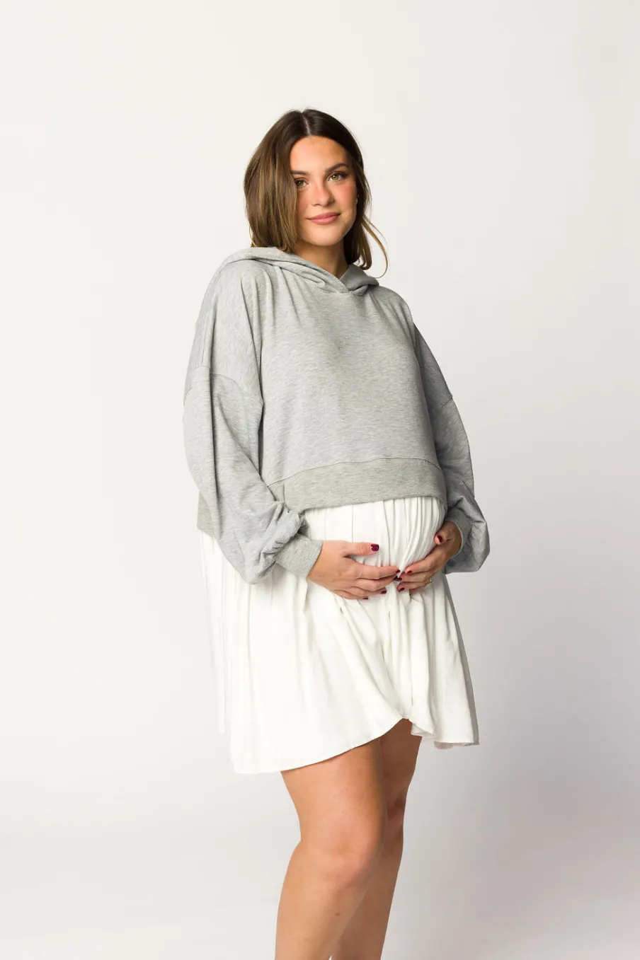 Online Worth Collective Caroline Hoodie/Babydoll Mini Dress in Heather Grey/Off-White