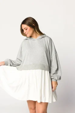 Online Worth Collective Caroline Hoodie/Babydoll Mini Dress in Heather Grey/Off-White