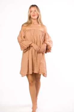 Clearance Worth Collective Cassidy 100% Linen On/Off Shoulder Mini Dress in Mocha