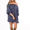 New Worth Collective Cassidy 100% Linen On/Off Shoulder Mini Dress in Denim