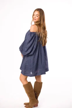 New Worth Collective Cassidy 100% Linen On/Off Shoulder Mini Dress in Denim