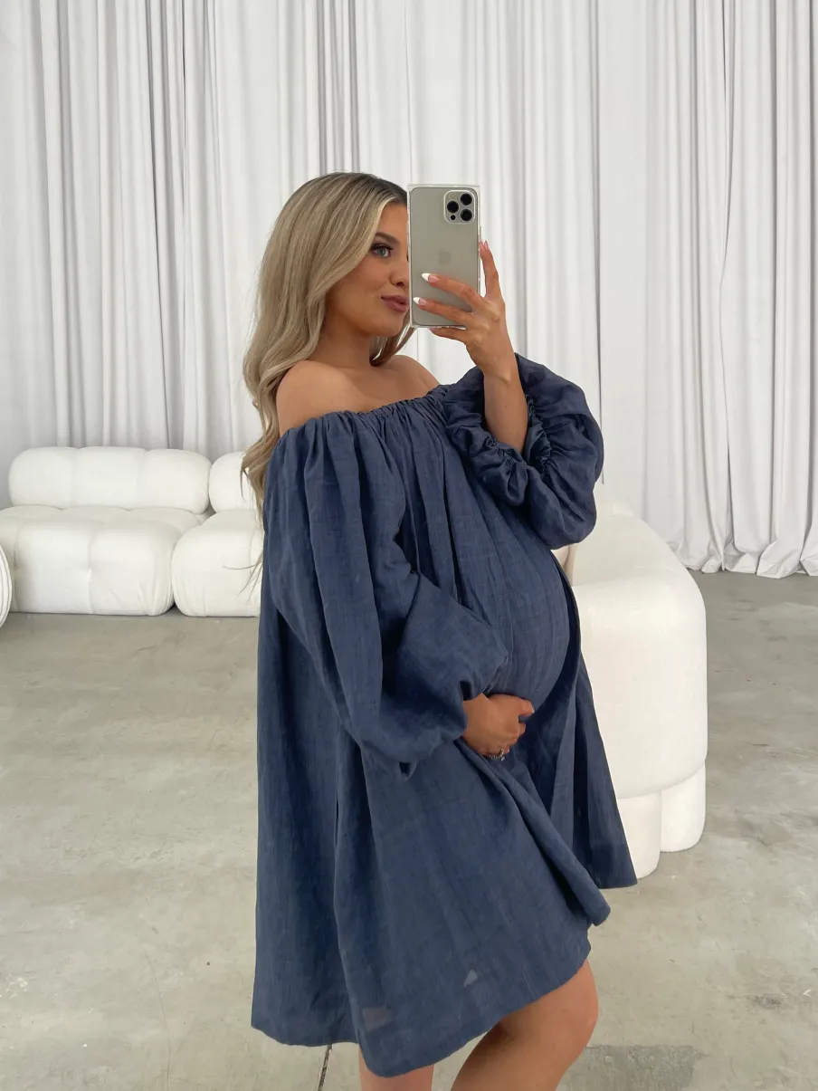 New Worth Collective Cassidy 100% Linen On/Off Shoulder Mini Dress in Denim