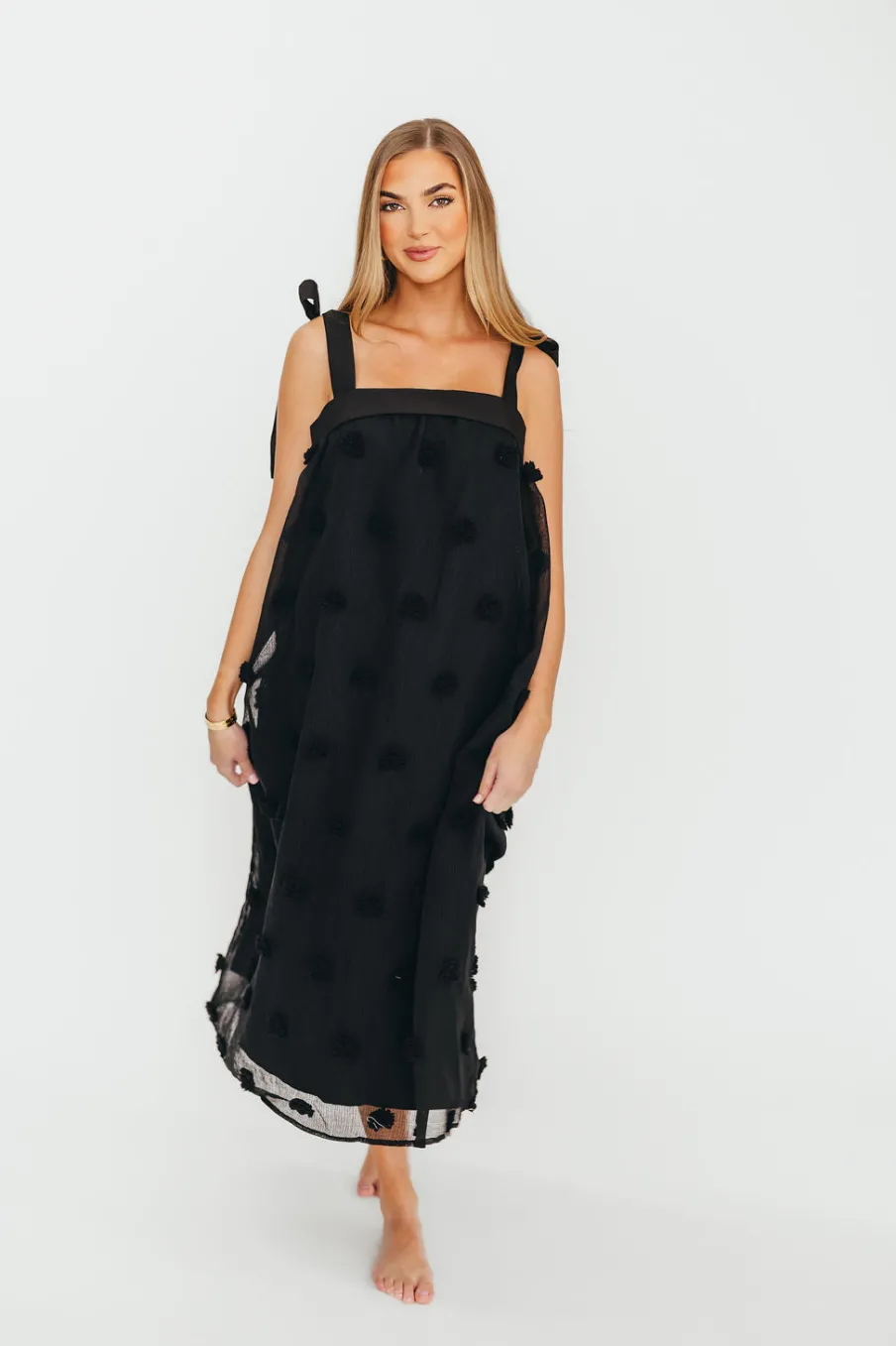 Online Worth Collective Catalina Blossom Embroidery Tie Strap Midi Dress in Black