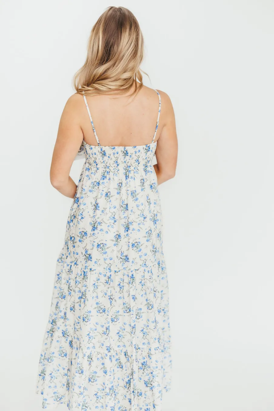 New Worth Collective Cecile 100% Cotton Bow Front Maxi Dress in Cream/Blue Floral