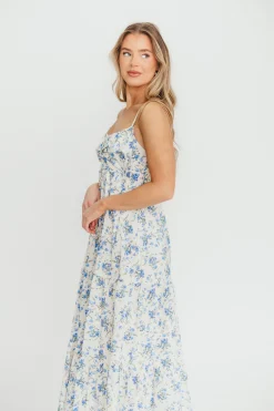 New Worth Collective Cecile 100% Cotton Bow Front Maxi Dress in Cream/Blue Floral