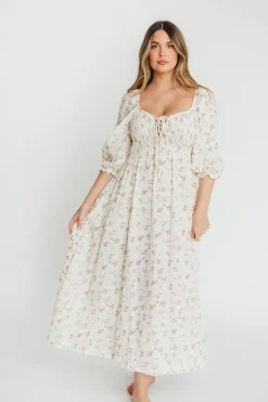 Fashion Worth Collective Cecilia 100% Cotton Smocked Maxi Dress in Ivory/Mauve Floral - Bump Fr