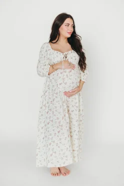 Fashion Worth Collective Cecilia 100% Cotton Smocked Maxi Dress in Ivory/Mauve Floral - Bump Fr