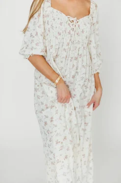 Fashion Worth Collective Cecilia 100% Cotton Smocked Maxi Dress in Ivory/Mauve Floral - Bump Fr