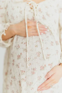 Fashion Worth Collective Cecilia 100% Cotton Smocked Maxi Dress in Ivory/Mauve Floral - Bump Fr