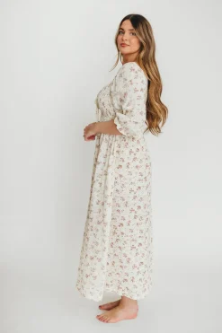Fashion Worth Collective Cecilia 100% Cotton Smocked Maxi Dress in Ivory/Mauve Floral - Bump Fr