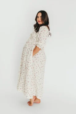 Fashion Worth Collective Cecilia 100% Cotton Smocked Maxi Dress in Ivory/Mauve Floral - Bump Fr