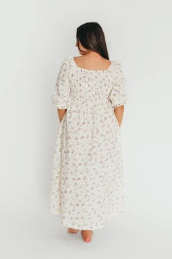 Fashion Worth Collective Cecilia 100% Cotton Smocked Maxi Dress in Ivory/Mauve Floral - Bump Fr