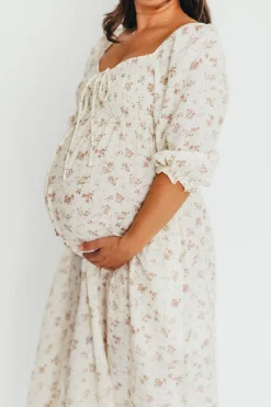 Fashion Worth Collective Cecilia 100% Cotton Smocked Maxi Dress in Ivory/Mauve Floral - Bump Fr