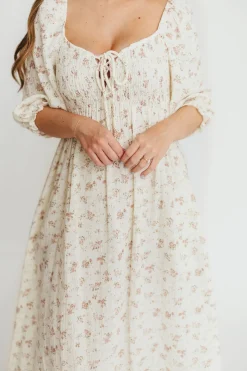 Fashion Worth Collective Cecilia 100% Cotton Smocked Maxi Dress in Ivory/Mauve Floral - Bump Fr