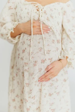 Fashion Worth Collective Cecilia 100% Cotton Smocked Maxi Dress in Ivory/Mauve Floral - Bump Fr