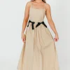 Hot Worth Collective Celeste Square Neck Midi Dress with Bow Detail in Khaki