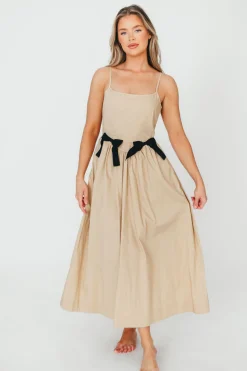 Hot Worth Collective Celeste Square Neck Midi Dress with Bow Detail in Khaki