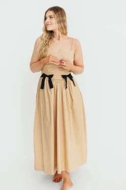 Hot Worth Collective Celeste Square Neck Midi Dress with Bow Detail in Khaki
