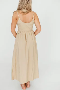 Hot Worth Collective Celeste Square Neck Midi Dress with Bow Detail in Khaki