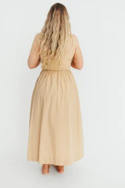 Hot Worth Collective Celeste Square Neck Midi Dress with Bow Detail in Khaki