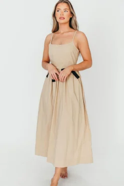 Hot Worth Collective Celeste Square Neck Midi Dress with Bow Detail in Khaki
