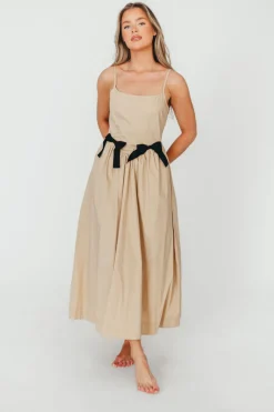 Hot Worth Collective Celeste Square Neck Midi Dress with Bow Detail in Khaki