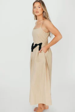 Hot Worth Collective Celeste Square Neck Midi Dress with Bow Detail in Khaki