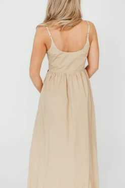 Hot Worth Collective Celeste Square Neck Midi Dress with Bow Detail in Khaki