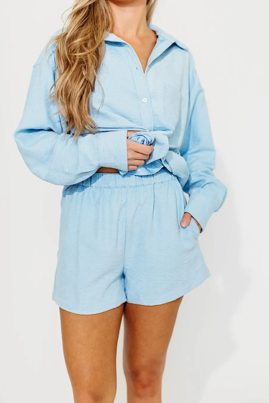 New Worth Collective Celia Shirt and Short Set in Oxford Blue
