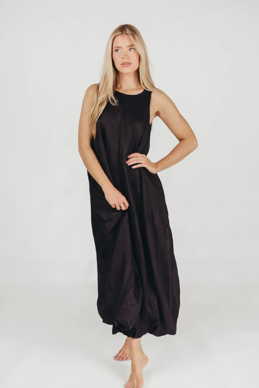 New Worth Collective Charlie Linen-Blend Tank Maxi Dress with Pockets in Black