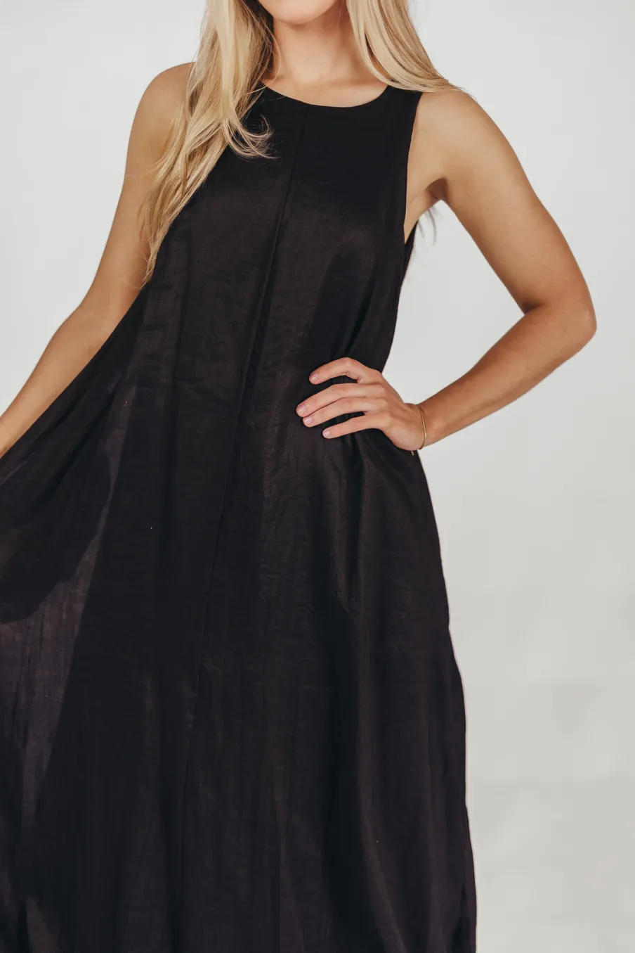 New Worth Collective Charlie Linen-Blend Tank Maxi Dress with Pockets in Black