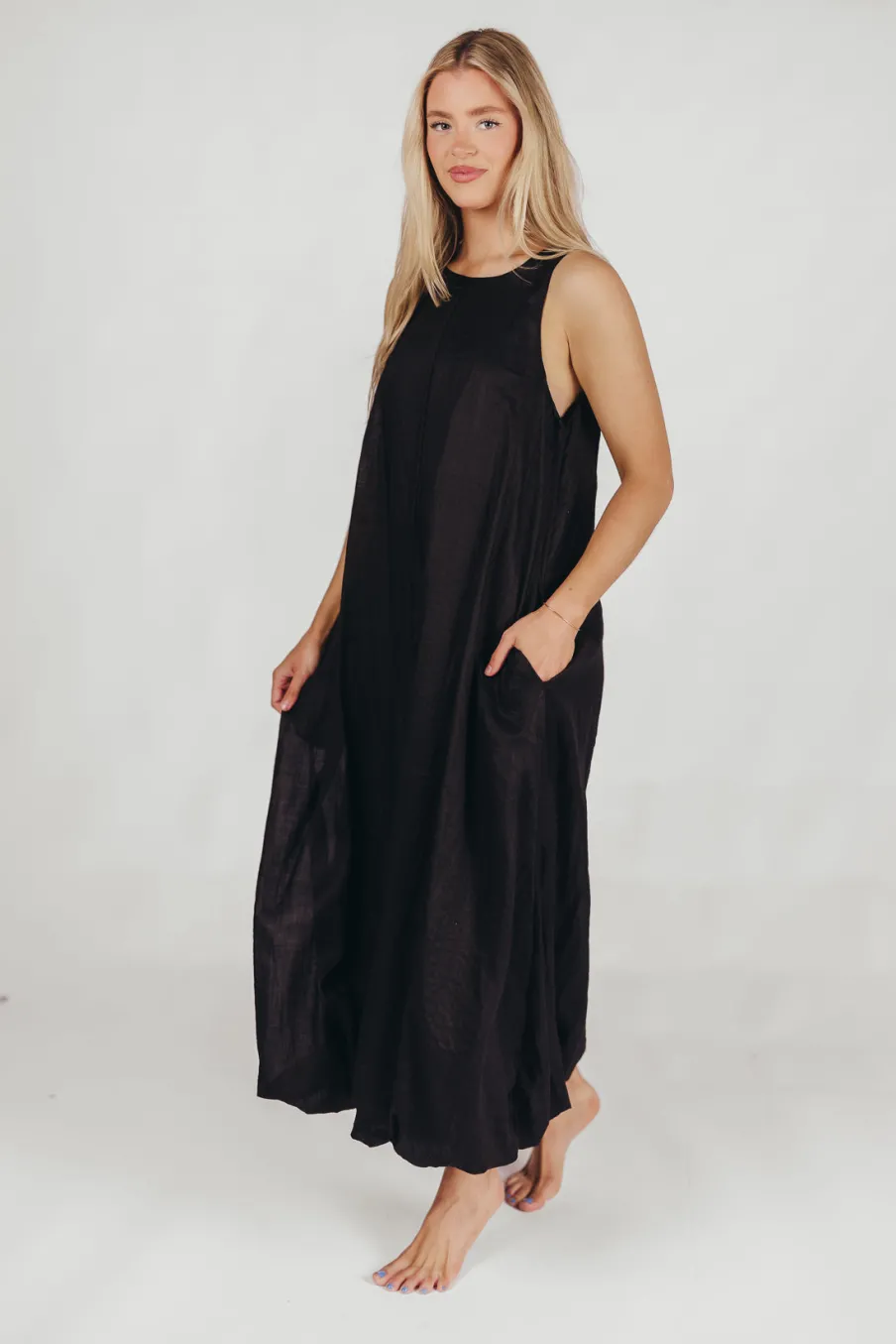 New Worth Collective Charlie Linen-Blend Tank Maxi Dress with Pockets in Black