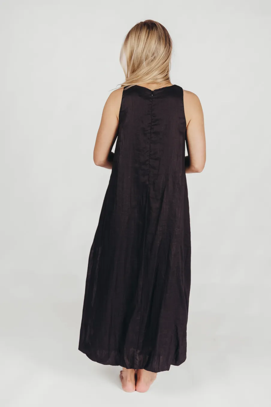 New Worth Collective Charlie Linen-Blend Tank Maxi Dress with Pockets in Black