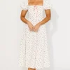 Sale Worth Collective Charlotte Cotton Puff Sleeve Midi Dress in Cream/Pink Floral