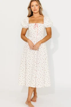 Sale Worth Collective Charlotte Cotton Puff Sleeve Midi Dress in Cream/Pink Floral