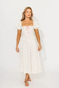 Sale Worth Collective Charlotte Cotton Puff Sleeve Midi Dress in Cream/Pink Floral