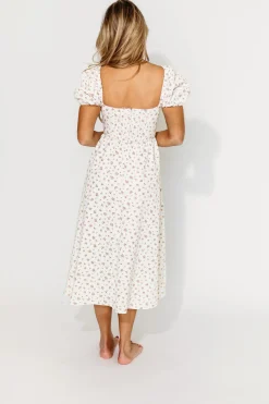 Sale Worth Collective Charlotte Cotton Puff Sleeve Midi Dress in Cream/Pink Floral