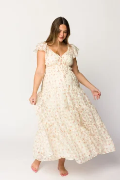 Online Worth Collective Charming Floral & Gingham Ruffled Maxi Dress in Cream/Peach Floral