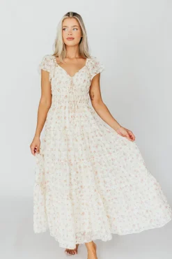 Online Worth Collective Charming Floral & Gingham Ruffled Maxi Dress in Cream/Peach Floral