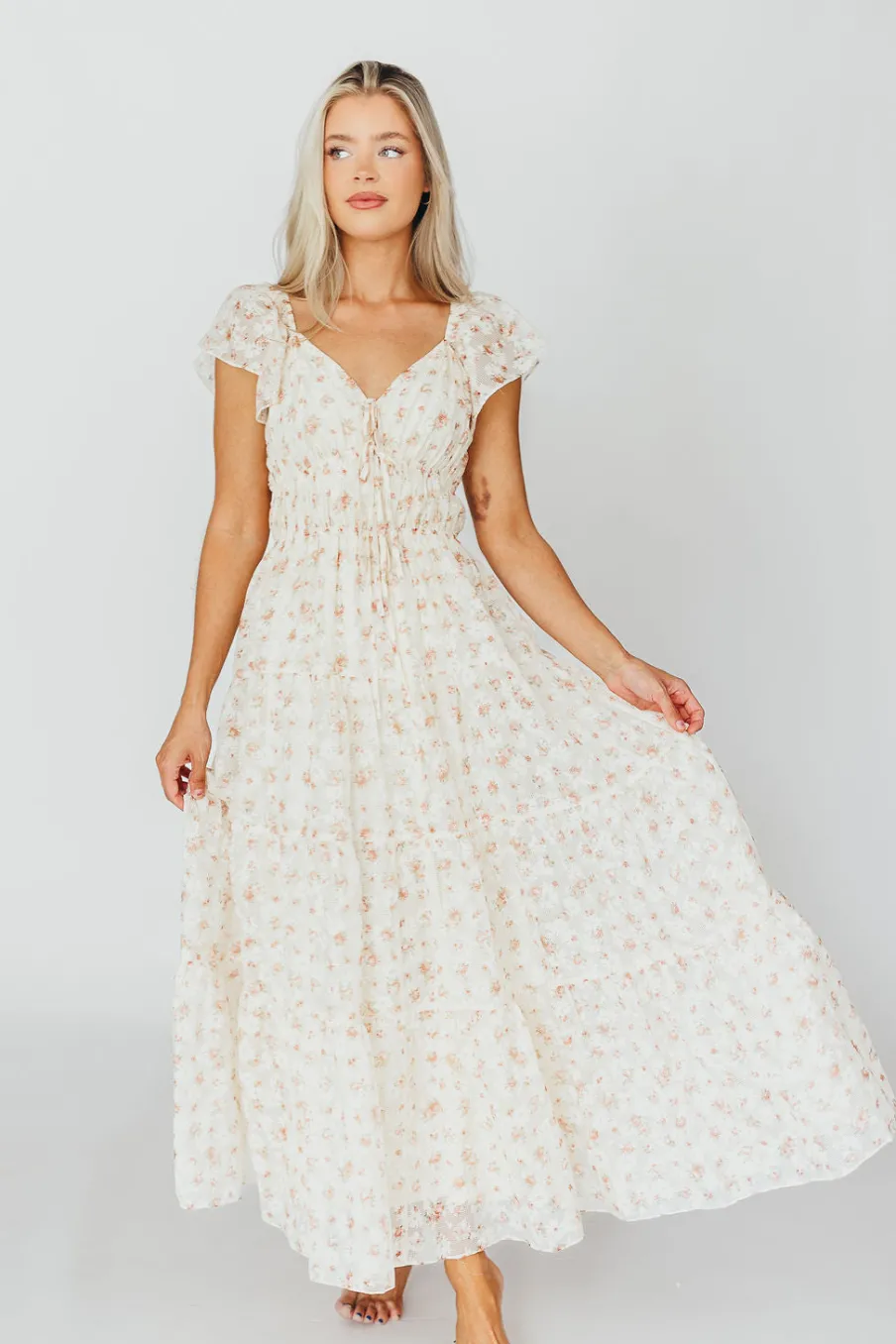 Online Worth Collective Charming Floral & Gingham Ruffled Maxi Dress in Cream/Peach Floral